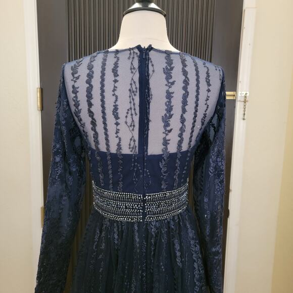 Mac Duggal 66591 Navy Blue 2 Long Sleeve Formal Embroidered Maxi Gown Dress - Picture 12 of 15